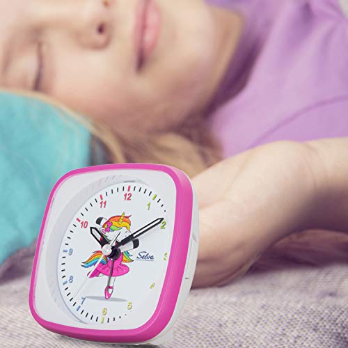 SELVA Reloj Despertador de Cuarzo Bailarina Unicornio, Escuela Rosa/Blanco. Un Segundo silencioso, analógico, para niños, un Colorido dial con luz / repetición de la Alarma.