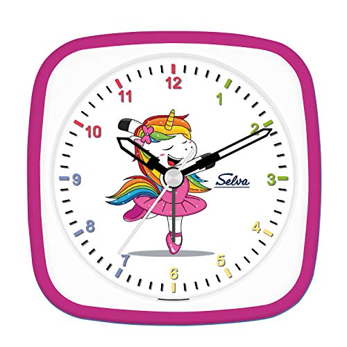 SELVA Reloj Despertador de Cuarzo Bailarina Unicornio, Escuela Rosa/Blanco. Un Segundo silencioso, analógico, para niños, un Colorido dial con luz / repetición de la Alarma.