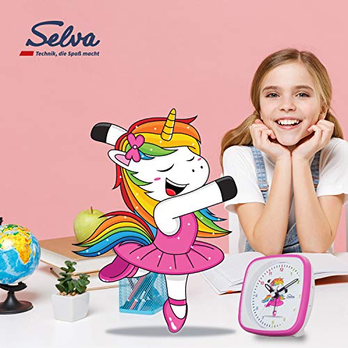 SELVA Reloj Despertador de Cuarzo Bailarina Unicornio, Escuela Rosa/Blanco. Un Segundo silencioso, analógico, para niños, un Colorido dial con luz / repetición de la Alarma.