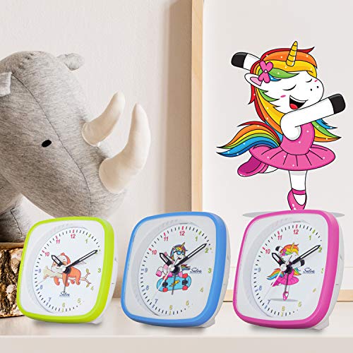 SELVA Reloj Despertador de Cuarzo Bailarina Unicornio, Escuela Rosa/Blanco. Un Segundo silencioso, analógico, para niños, un Colorido dial con luz / repetición de la Alarma.