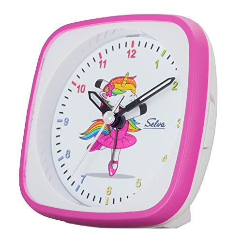 SELVA Reloj Despertador de Cuarzo Bailarina Unicornio, Escuela Rosa/Blanco. Un Segundo silencioso, analógico, para niños, un Colorido dial con luz / repetición de la Alarma.