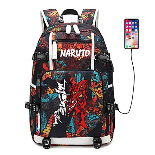 Siawasey - Mochila para el colegio con diseño de anime/cosplay de Naruto (clan Uzumaki, clan Uchiha). Mochila luminosa con puerto de carga USB