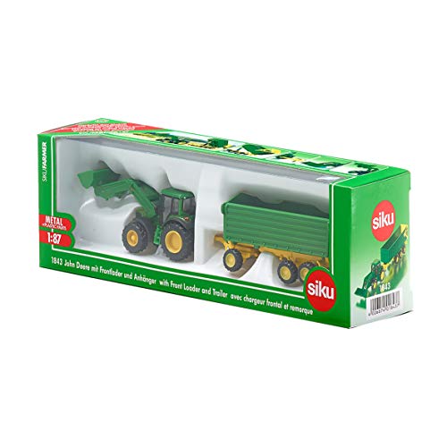 SIKU 1843, Tractor John Deere con cargador frontal y remolque, 1:87, Remolque basculante, Metal/Plástico, Verde