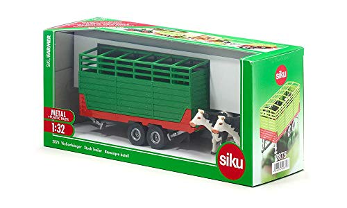 SIKU 2875, Remolque de ganado con 2 vacas de raza Holstein, 1:32, Multifuncional, Metal/Plástico, Verde