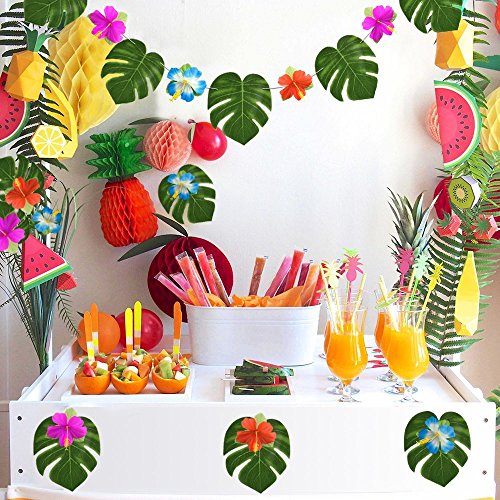 SIMUER 48 Piezas Decoraciones para Fiestas Tropicales, Hojas de Palmeras Tropicales Monstera y Flores de Hibisco Guirnaldas de Flores Hawaianas para Luau Jungle Beach temáticas Fiesta Decoraciones