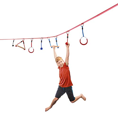 Slackers USA Ninja Line Starter Set, Curso de 11 metros, Excelente Set Completo de 11 Piezas, Utilizable como Slackline, 7 Obstáculos, Entrena como un Ninja