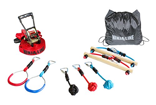 Slackers USA Ninja Line Starter Set, Curso de 11 metros, Excelente Set Completo de 11 Piezas, Utilizable como Slackline, 7 Obstáculos, Entrena como un Ninja