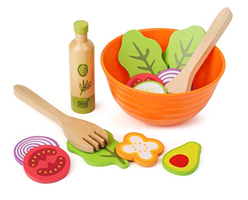 small foot company 11476 Juego de ensaladas de Madera, Accesorios de Cocina para niños Vegetarianos, Incl. Cuenco, ensaladeras y aderezos Juguetes, Multicolor (11476)