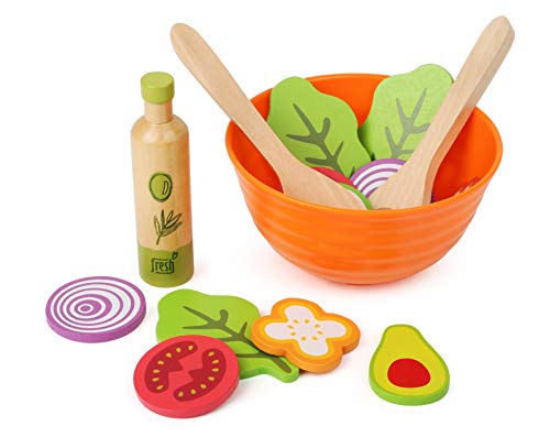 small foot company 11476 Juego de ensaladas de Madera, Accesorios de Cocina para niños Vegetarianos, Incl. Cuenco, ensaladeras y aderezos Juguetes, Multicolor (11476)