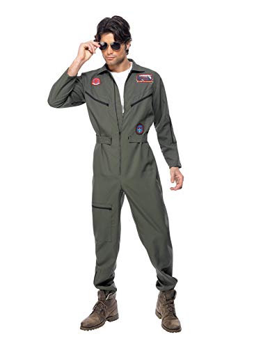 Smiffys-36287XL Licenciado oficialmente Disfraz de Top Gun, con mono, placas de identificación y gafas, color verde, XL-Tamaño 46"-48" (Smiffy's 36287XL) , color/modelo surtido