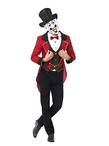 Smiffys-44007M Disfraz de maestro de ceremonias siniestro para hombre adulto de chaqueta, camisa simulada, máscara y sombrero de copa, circo siniestro, Halloween, talla M,