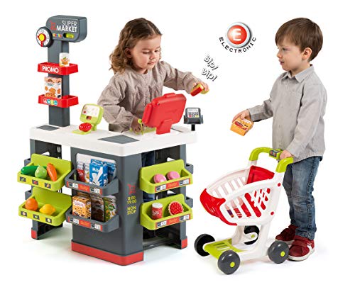 Smoby- Supermercado con Carro de la Compra, Color Gris/Verde (Kids Supermarket Playset)