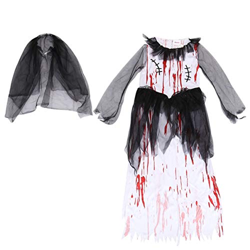 SOIMISS 2 Piezas Niños Zombie Vestido de Novia con Velo Negro Niñas Disfraz Sangriento de Halloween Vampiro Cosplay Vestido de Fiesta de Halloween para Niños Pequeños