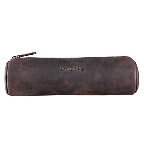 STILORD 'Miller' Estuche Redondo Piel Vintage Bolsa para Lápices y Bolígrafos Estuche Escolar Pencil Case Roll Portatodo para Hombre Mujer Cartuchera de Cuero, Color:marrón Oscuro