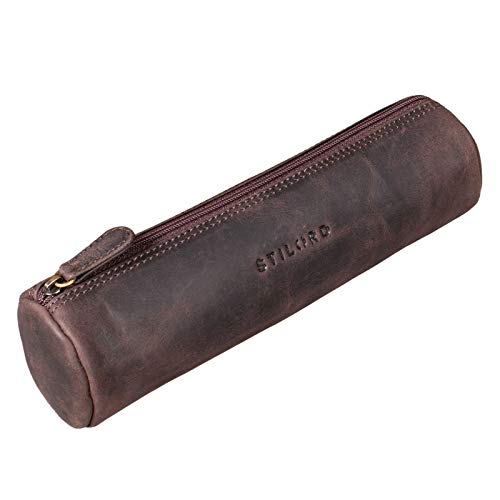 STILORD 'Miller' Estuche Redondo Piel Vintage Bolsa para Lápices y Bolígrafos Estuche Escolar Pencil Case Roll Portatodo para Hombre Mujer Cartuchera de Cuero, Color:marrón Oscuro