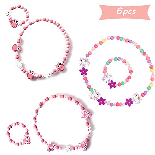 SUNSK Joyas para niños Pulseras para niñas Collares Joyería Juego Collar de Cuentas de Madera elásticas Unicornio Zorro Búho 6 Piezas