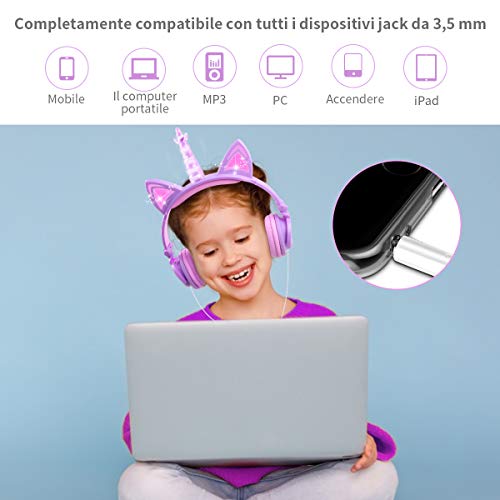 Sunvito - Auriculares de unicornio con orejas de gato incandescente LED, 85 dB de volumen con cable para niños, diseño de unicornio, ajustables para niña (morado)