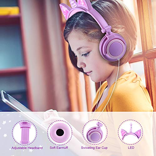 Sunvito - Auriculares de unicornio con orejas de gato incandescente LED, 85 dB de volumen con cable para niños, diseño de unicornio, ajustables para niña (morado)