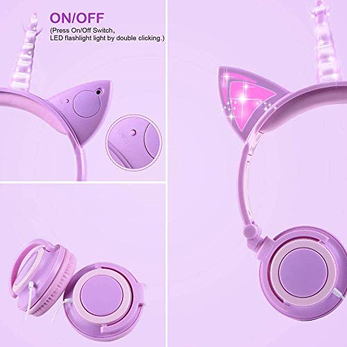 Sunvito - Auriculares de unicornio con orejas de gato incandescente LED, 85 dB de volumen con cable para niños, diseño de unicornio, ajustables para niña (morado)