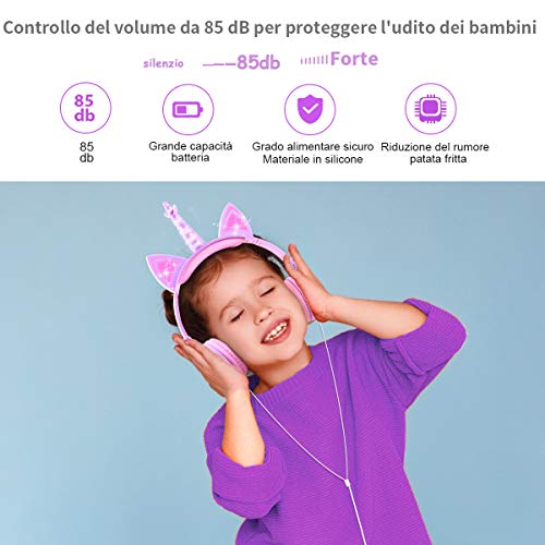 Sunvito - Auriculares de unicornio con orejas de gato incandescente LED, 85 dB de volumen con cable para niños, diseño de unicornio, ajustables para niña (morado)