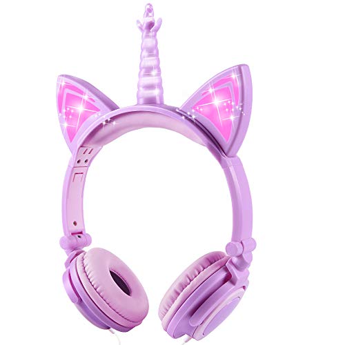 Sunvito - Auriculares de unicornio con orejas de gato incandescente LED, 85 dB de volumen con cable para niños, diseño de unicornio, ajustables para niña (morado)