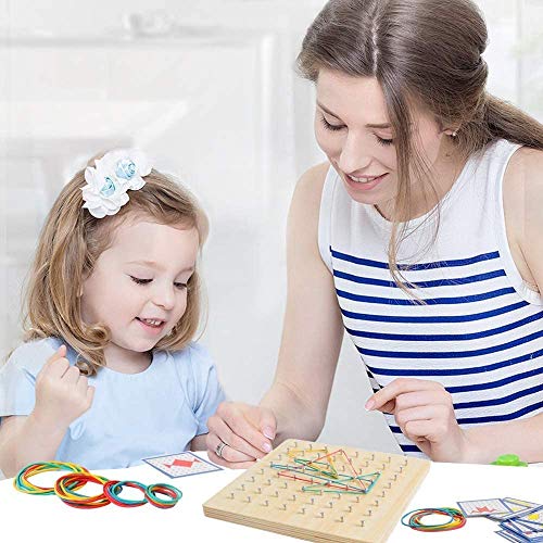 SUPRBIRD Geoboard de Madera con Tarjetas de Actividad y Bandas de Goma - 8x8 Geometría Geoboard Montessori Rompecabezas de Formas Inspire la Imaginación y Creatividad de Los Niños