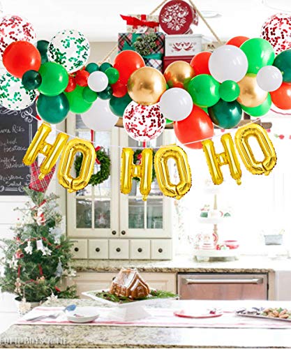 Sursurprise Kit de Arco de Guirnalda de Globos navideños - HO HO HO Globos de Papá Noel Confeti Verde Rojo Blanco para Fiesta de cumpleaños de año Nuevo de Navidad