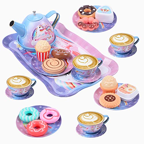 Tacobear Juego de té Infantil Juego de té Juguete con Postre Juguete Estuche de Transporte Estaño Tetera Unicornio Juego de té Juegos de imitación Regalo de Unicornio para niñas