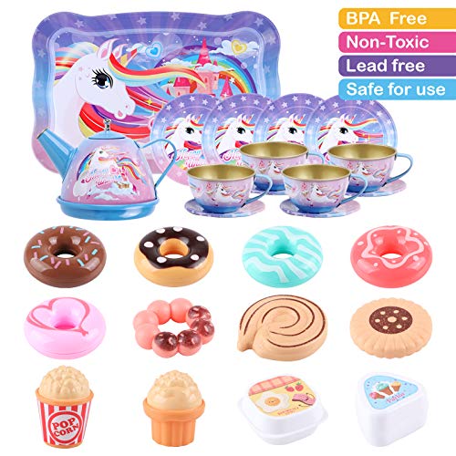 Tacobear Juego de té Infantil Juego de té Juguete con Postre Juguete Estuche de Transporte Estaño Tetera Unicornio Juego de té Juegos de imitación Regalo de Unicornio para niñas