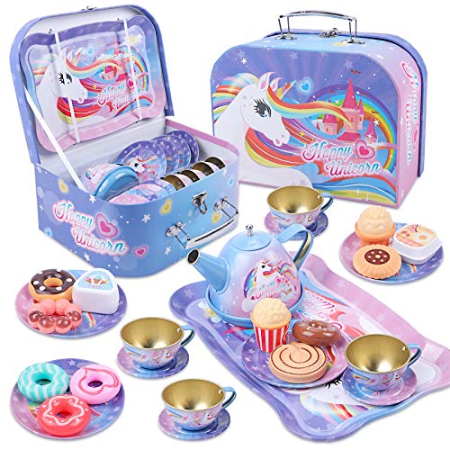 Tacobear Juego de té Infantil Juego de té Juguete con Postre Juguete Estuche de Transporte Estaño Tetera Unicornio Juego de té Juegos de imitación Regalo de Unicornio para niñas