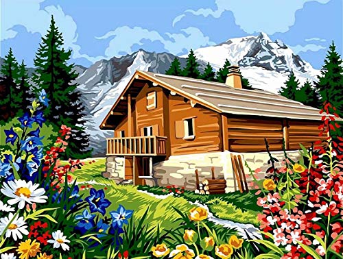 TAHEAT Kit de Pintura de Bricolaje por números para Adultos Principiantes, Pintura de Paisaje por números sobre Lienzo, Pintura acrílica de 16 x 20 Pulgadas, cabaña Junto al mar, navegación sin Marco