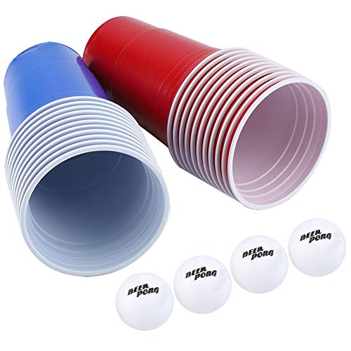 TOPINCN Cerveza Pong Juego de Bebida Set 22 UNIDS Juego de Tazas de Plástico con 4 UNIDS Ping Pong Bolas Al Aire Libre Bar Pub Pub Party Supplies 16 oz(Vasos Rojos 11 + Vasos azules11 + 4 Bolas)