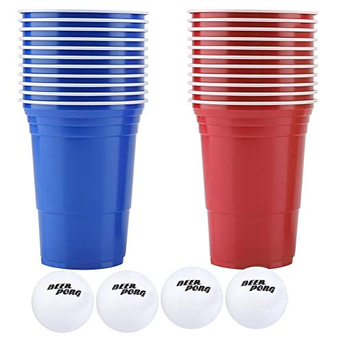 TOPINCN Cerveza Pong Juego de Bebida Set 22 UNIDS Juego de Tazas de Plástico con 4 UNIDS Ping Pong Bolas Al Aire Libre Bar Pub Pub Party Supplies 16 oz(Vasos Rojos 11 + Vasos azules11 + 4 Bolas)