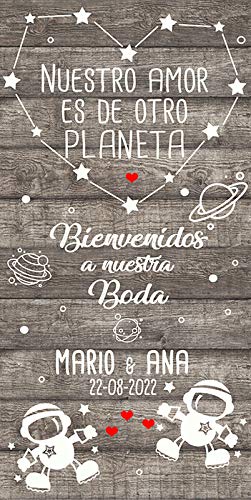 Tu Fiesta Mola Mazo Cartel de Bienvenida de Boda Nuestro Amor de Otro Planeta 140x70cm |Bienvenida a los Invitados| Divertido y económico|Detalle de Boda|Decorado Bodas| Personalizable