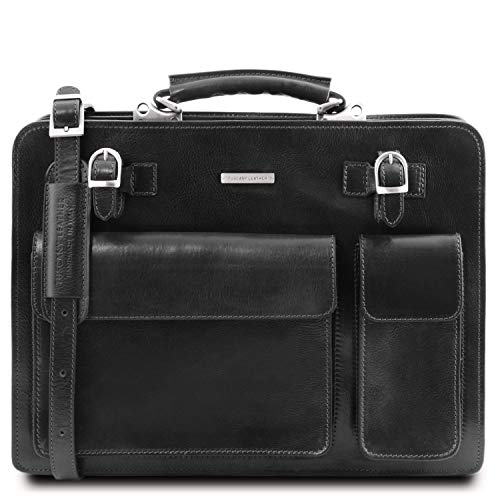 Tuscany Leather Venezia Porta Folios en Piel con 2 Compartimentos y Cierre de Cremallera Negro