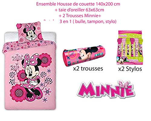 Twenty Feet Minnie Mouse - Juego de cama (funda nórdica de 140 x 200 cm, 2 fundas de almohada y 2 bolígrafos 3 en 1)