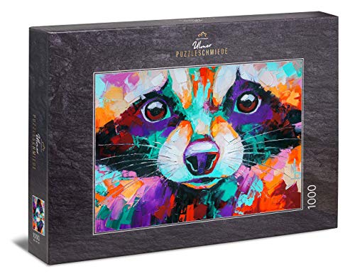 Ulmer Puzzleschmiede - Puzzle Mapache - Puzzle de 1000 Piezas - Arte Motivo Mapache Colorido como Pintura Abstracta