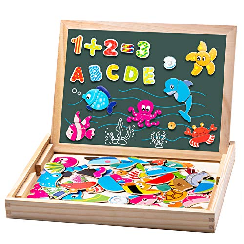 Uping Puzzle de Madera Magnético | Puzzle de 90 Piezas + Número de 40 Piezas y Alfabeto | Tablero de Dibujo de Doble Cara Magnético, Juguete Educativo | para niños de 3 años+