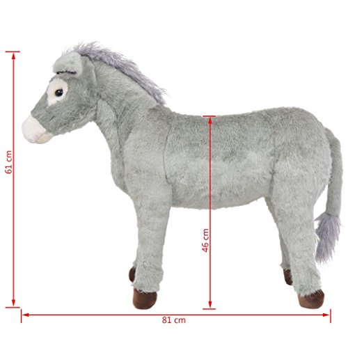 vidaXL Burro de Peluche Grande de Pie XXL Gris Animal de Juguete Burrito Asno