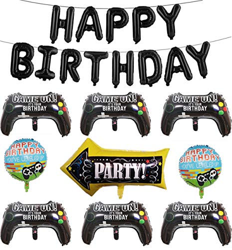 Video Game Party Balloons, 1 juego de globos HAPPY BIRTHDAY, 6 Globos Controladores, 2 Globos Temáticos para Juegos, 1 Globos de Flecha para Niños, Decoración de Fiesta de Cumpleaños