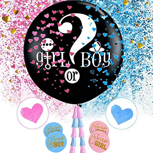 Volwco - Globo para fiesta de revelación de género, globo gigante negro con confeti en forma de corazón rosa y azul y juego de calcomanías para baby shower, Letter Printing, 37 PCS