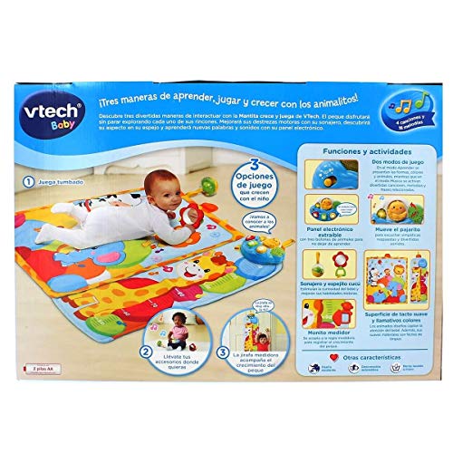 VTech - Mantita Crece y Juega, Manta de Actividades con 3 Divertidas Maneras de interactuar, Panel electrónico Independiente, Incluye sonajero y espejito cucú, medidor extraíble (80-505522)