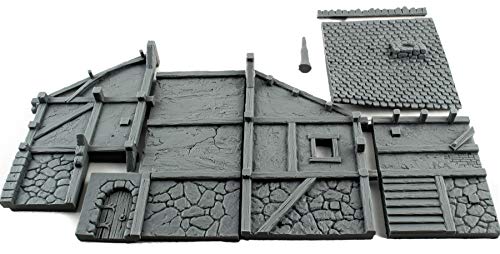 War World Gaming Fantasy Village - Set de 4 Casas - 28mm Wargaming Medieval Miniaturas Maquetas Dioramas Edificios Wargames Guerra Aldea Edad Media