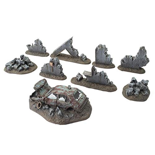 War World Gaming War-Torn City - Kit 2 Escombros y Coche Dañado - 28mm Escala Sci-Fi Wargaming Modelismo Dioramas Zombis Post Apocalíptico Bombardeado Destruido Wargame Minaturas