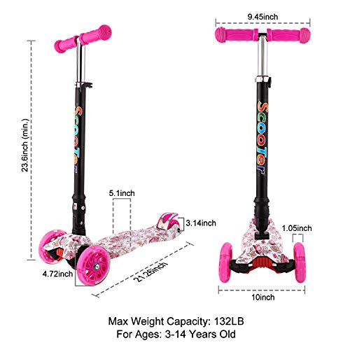 WeSkate - Patinete Niños Patinete de 3 Ruedas Plegables con Ruedas Luminosas y Manillar Ajustables para Niños y Niñas de 3 a 12 Años Multicolor e Impreso (Rosado)