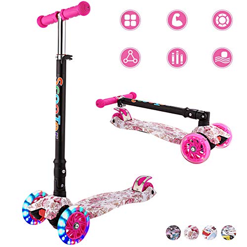 WeSkate - Patinete Niños Patinete de 3 Ruedas Plegables con Ruedas Luminosas y Manillar Ajustables para Niños y Niñas de 3 a 12 Años Multicolor e Impreso (Rosado)