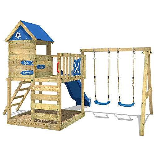 WICKEY Parque infantil de madera Smart Cave con columpio y tobogán verde, Casa de juegos de jardín con arenero y escalera para niños