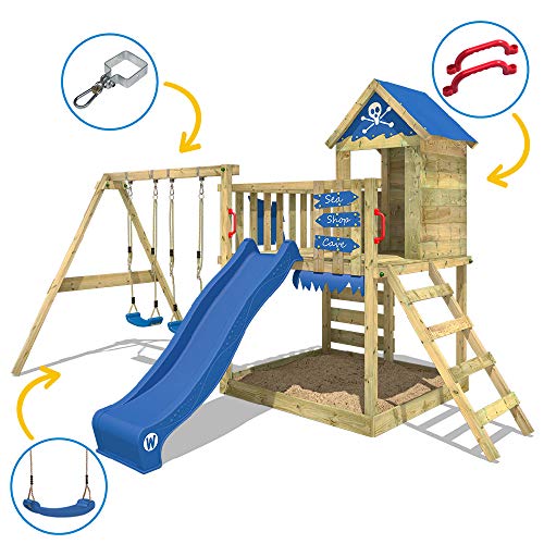 WICKEY Parque infantil de madera Smart Cave con columpio y tobogán verde, Casa de juegos de jardín con arenero y escalera para niños