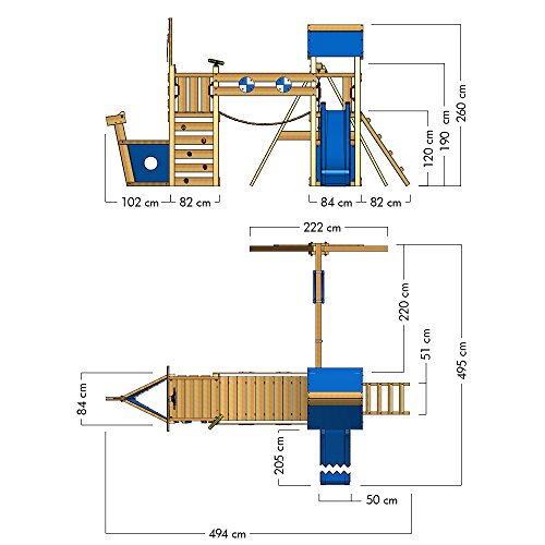 WICKEY Parque infantil de madera StormFlyer con columpio y tobogán azul, Casa de juegos de jardín con arenero y escalera para niños