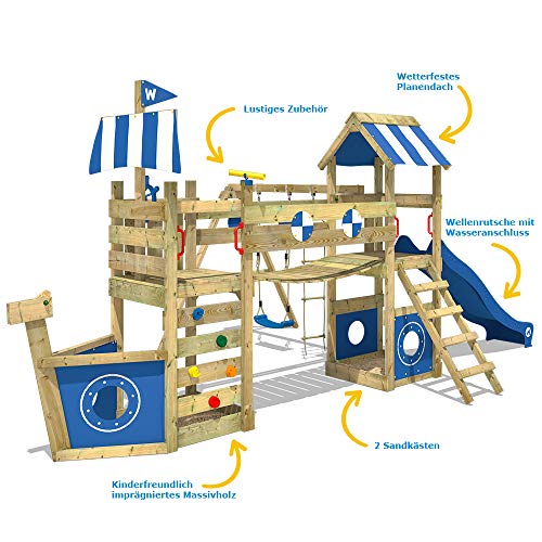 WICKEY Parque infantil de madera StormFlyer con columpio y tobogán azul, Casa de juegos de jardín con arenero y escalera para niños